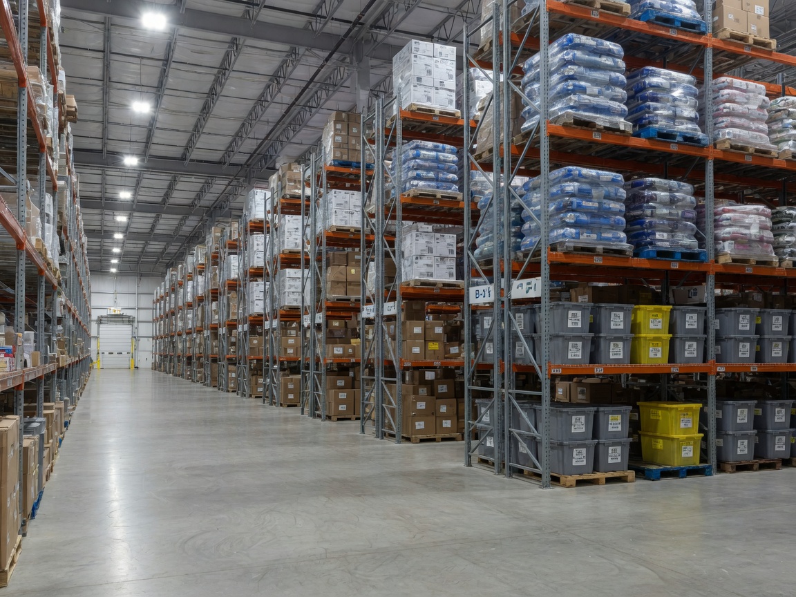 A clean high-bay warehouse with organized racks of supplies