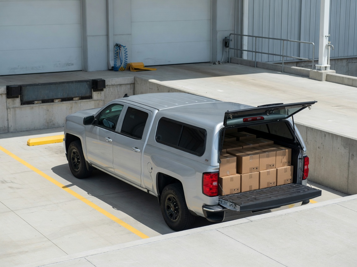 A pickup with a camper shell, loaded with boxes for the route